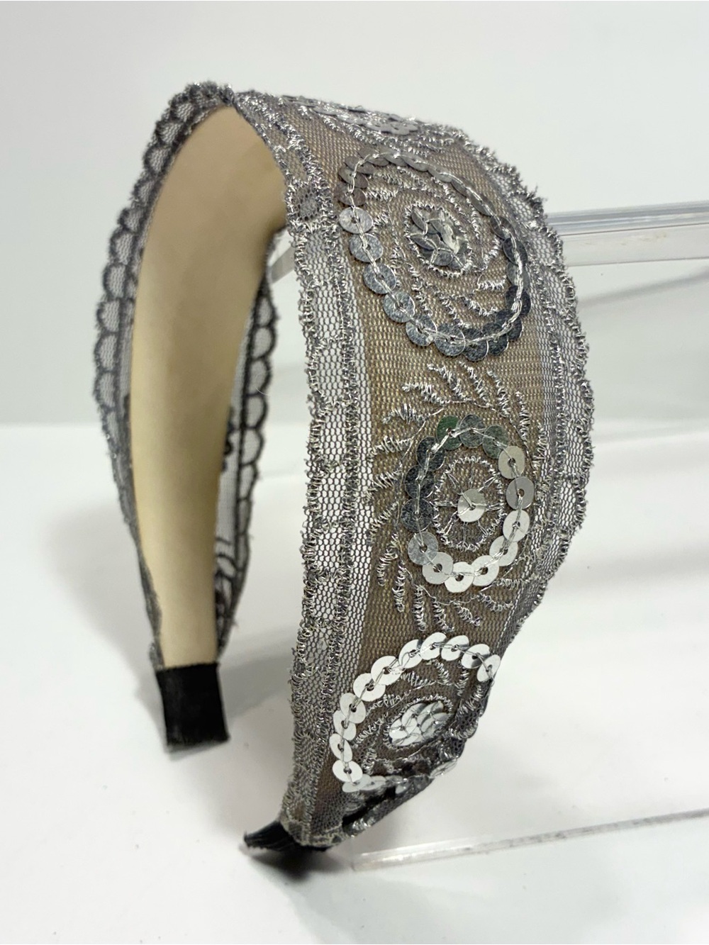 Silver Sequin Embroidered Mesh Scalloped Edge Headband 1.5+”